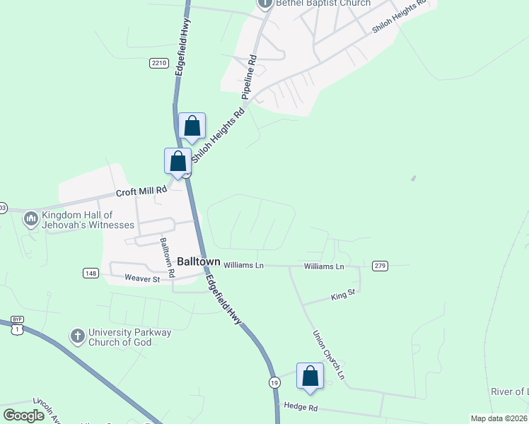 map of restaurants, bars, coffee shops, grocery stores, and more near 1268 Edgefield Highway in Aiken