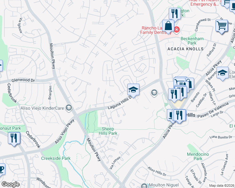 map of restaurants, bars, coffee shops, grocery stores, and more near 839 Ronda Sevilla in Laguna Woods