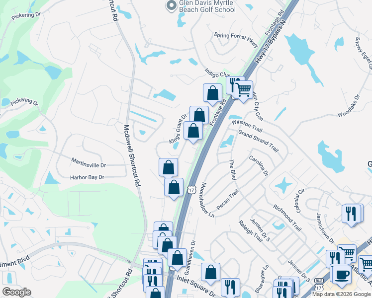 map of restaurants, bars, coffee shops, grocery stores, and more near 9738 Kings Grant Drive in Murrells Inlet