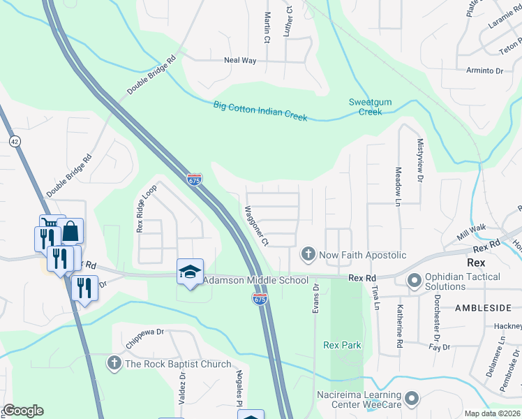 map of restaurants, bars, coffee shops, grocery stores, and more near 3321 Waggoner Place in Rex
