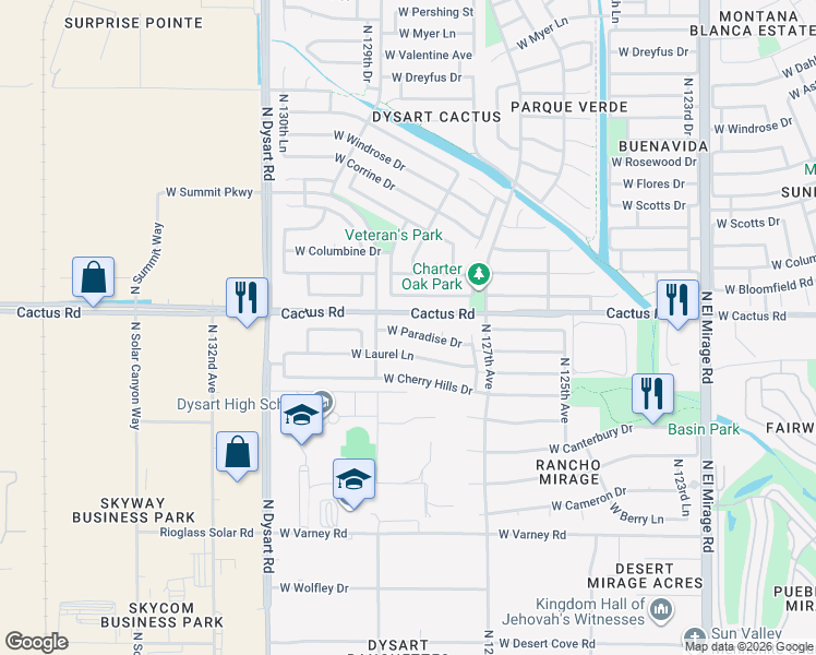 map of restaurants, bars, coffee shops, grocery stores, and more near 12102 North 128th Drive in El Mirage