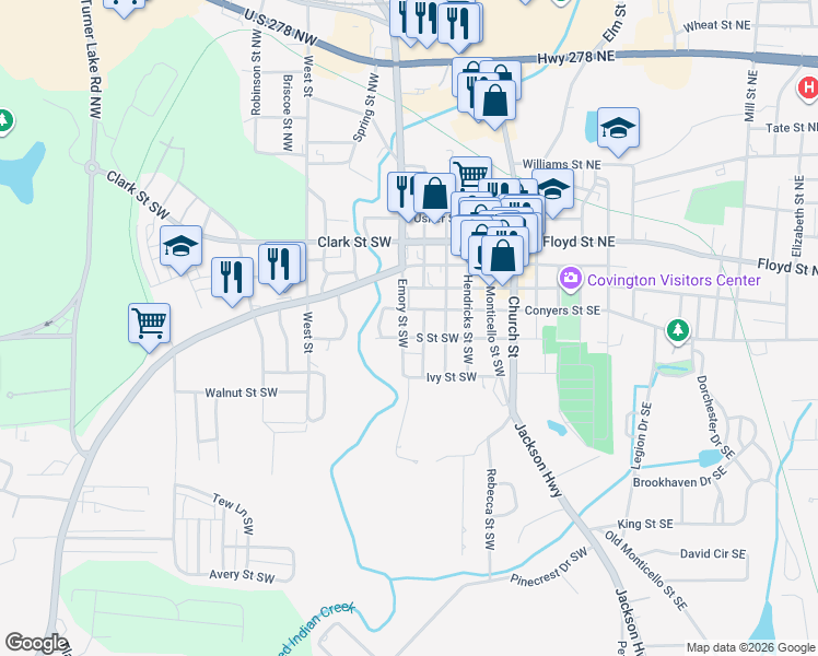 map of restaurants, bars, coffee shops, grocery stores, and more near 2199 Emory Street Northwest in Covington