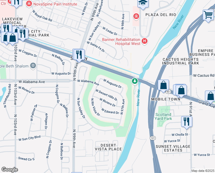 map of restaurants, bars, coffee shops, grocery stores, and more near 9734 W Alabama Ave in Sun City