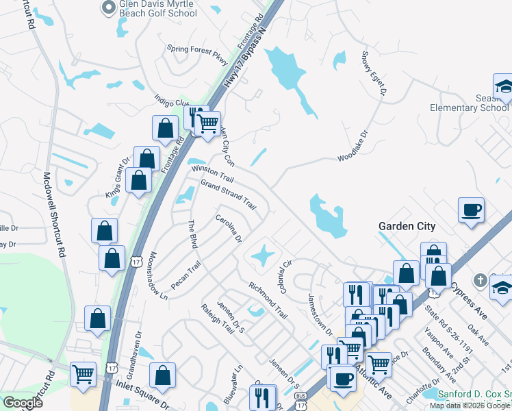 map of restaurants, bars, coffee shops, grocery stores, and more near 871 Grand Strand Trail in Murrells Inlet