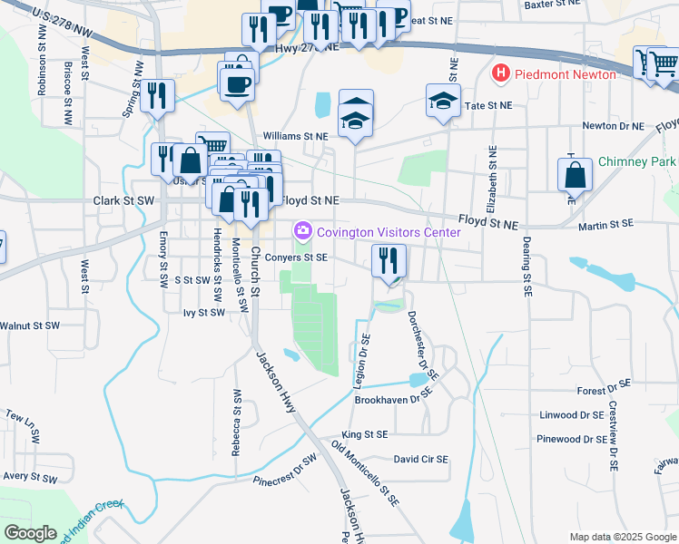 map of restaurants, bars, coffee shops, grocery stores, and more near 2146 Conyers Street Southeast in Covington