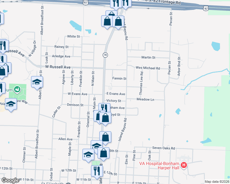 map of restaurants, bars, coffee shops, grocery stores, and more near 229 East Evans Avenue in Bonham