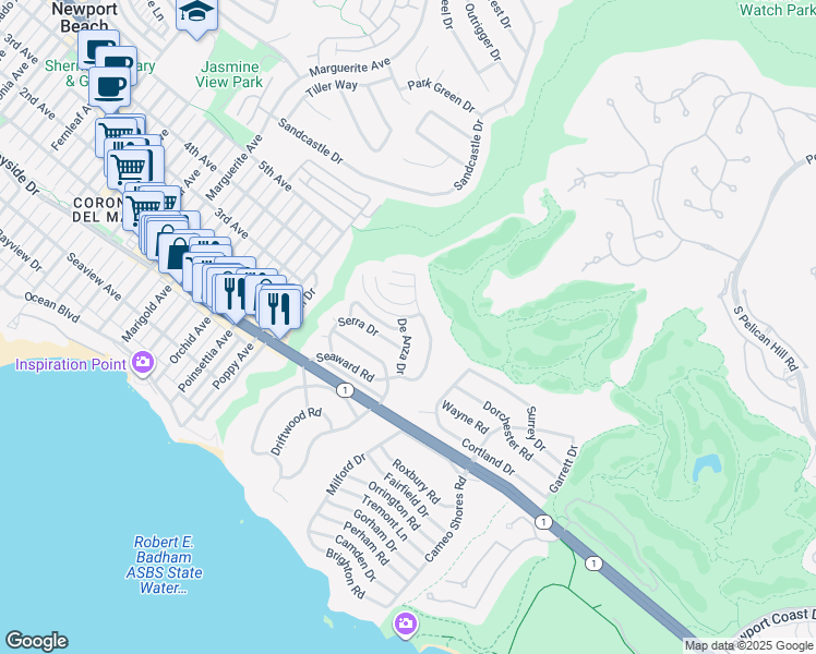map of restaurants, bars, coffee shops, grocery stores, and more near 540 De Anza Drive in Newport Beach