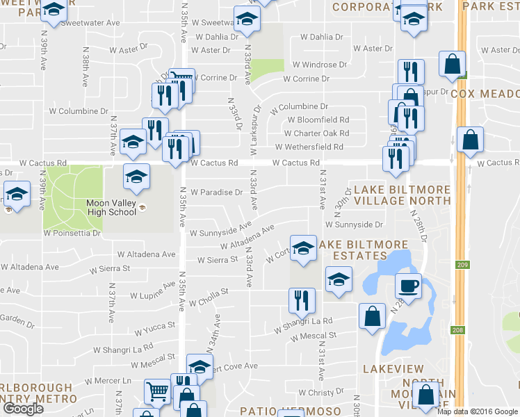 map of restaurants, bars, coffee shops, grocery stores, and more near 3244 West Sunnyside Avenue in Phoenix