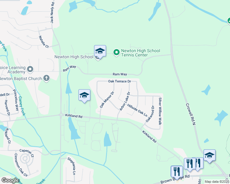 map of restaurants, bars, coffee shops, grocery stores, and more near 160 Oak Manor Drive in Covington