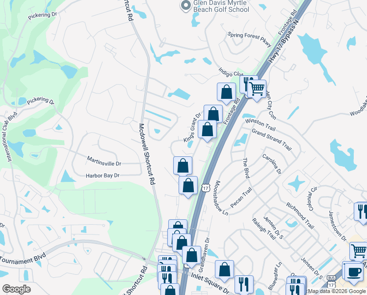 map of restaurants, bars, coffee shops, grocery stores, and more near 9712 Ashley Lane in Murrells Inlet