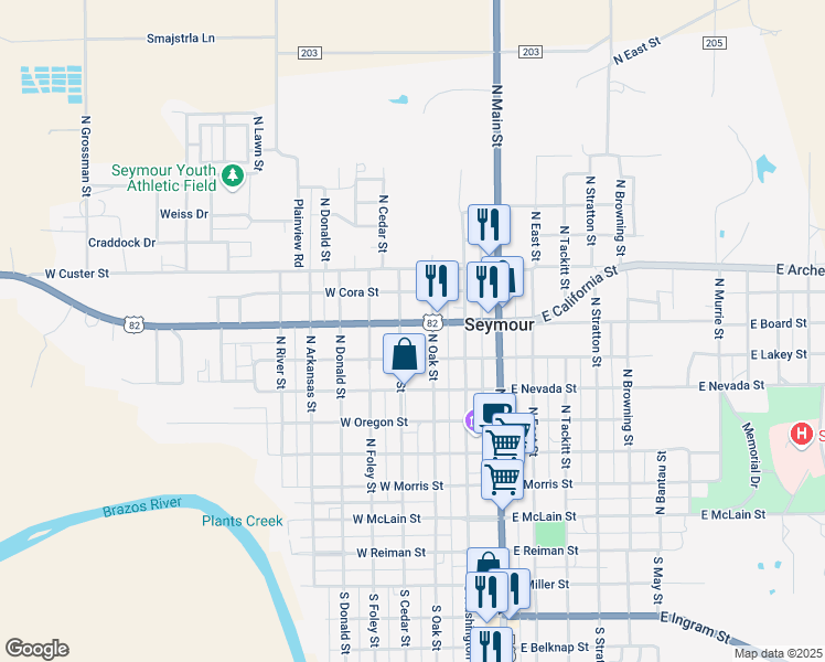 map of restaurants, bars, coffee shops, grocery stores, and more near 207 W California St in Seymour
