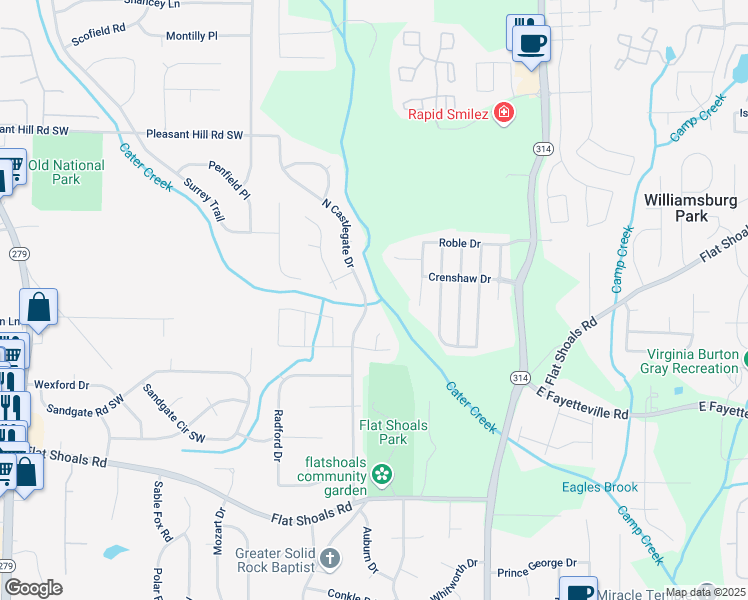 map of restaurants, bars, coffee shops, grocery stores, and more near 5914 North Castlegate Drive in Atlanta