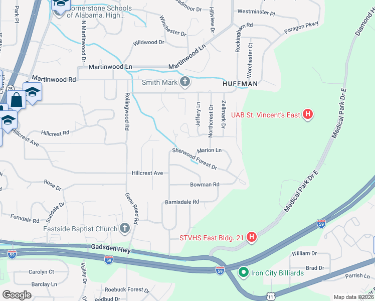 map of restaurants, bars, coffee shops, grocery stores, and more near 840 Sherwood Forest Drive in Birmingham