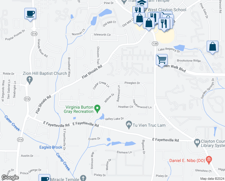 map of restaurants, bars, coffee shops, grocery stores, and more near 1385 Cedar Creek Lane in Riverdale