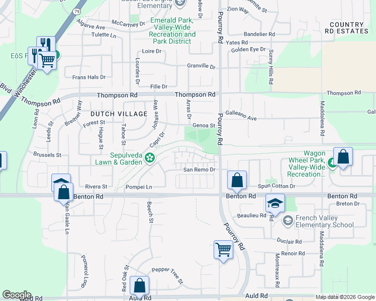 map of restaurants, bars, coffee shops, grocery stores, and more near 36294 Fabrizio Lane in Winchester