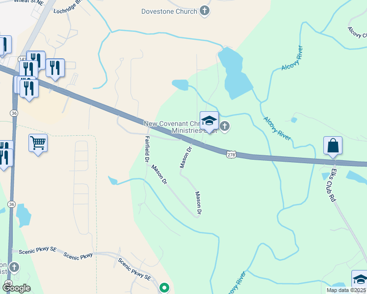 map of restaurants, bars, coffee shops, grocery stores, and more near 220 McGuirts Bridge Road in Covington