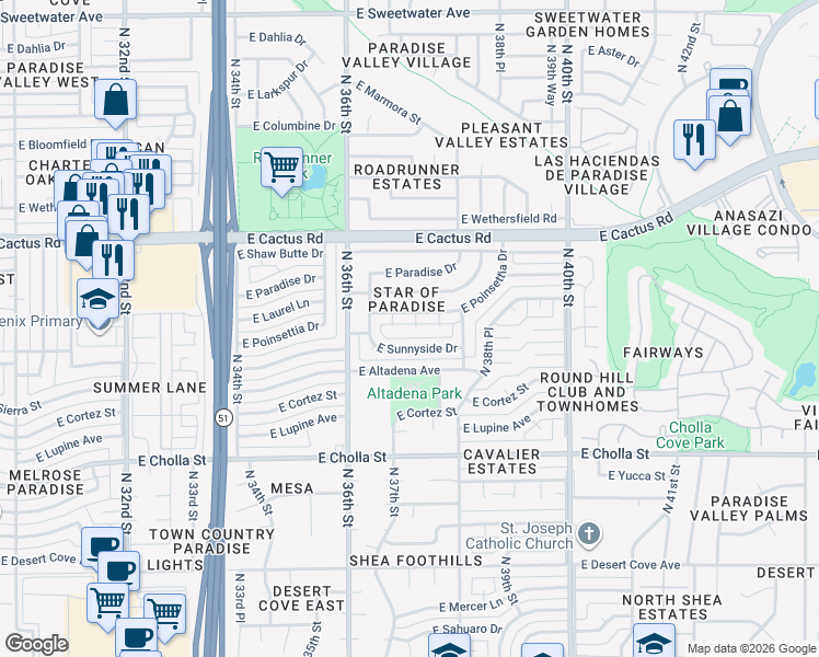 map of restaurants, bars, coffee shops, grocery stores, and more near 11804 North 37th Way in Phoenix