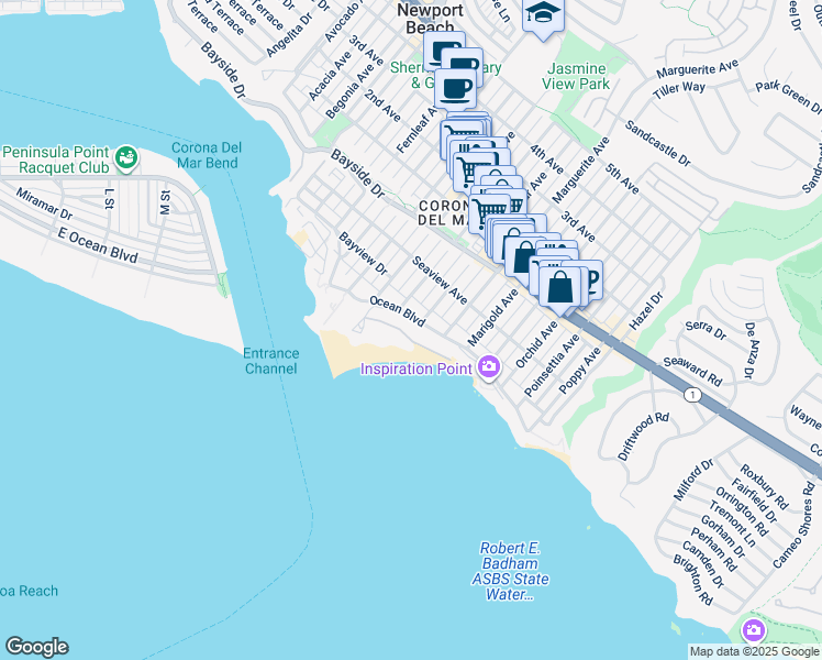 map of restaurants, bars, coffee shops, grocery stores, and more near 3130 Breakers Drive in Newport Beach