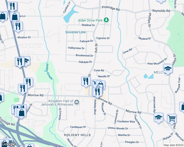 map of restaurants, bars, coffee shops, grocery stores, and more near 5868 Ash Street in Forest Park
