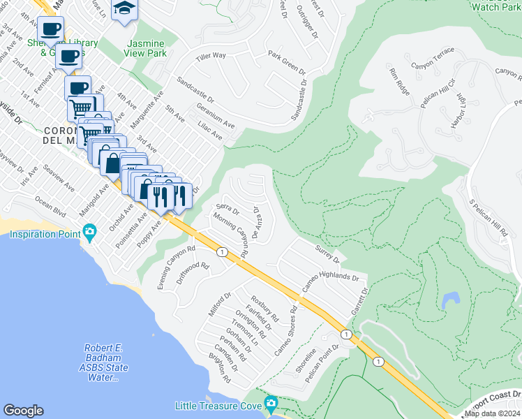 map of restaurants, bars, coffee shops, grocery stores, and more near 540 De Anza Drive in Newport Beach