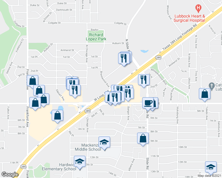 map of restaurants, bars, coffee shops, grocery stores, and more near 509 Brentwood Avenue in Lubbock