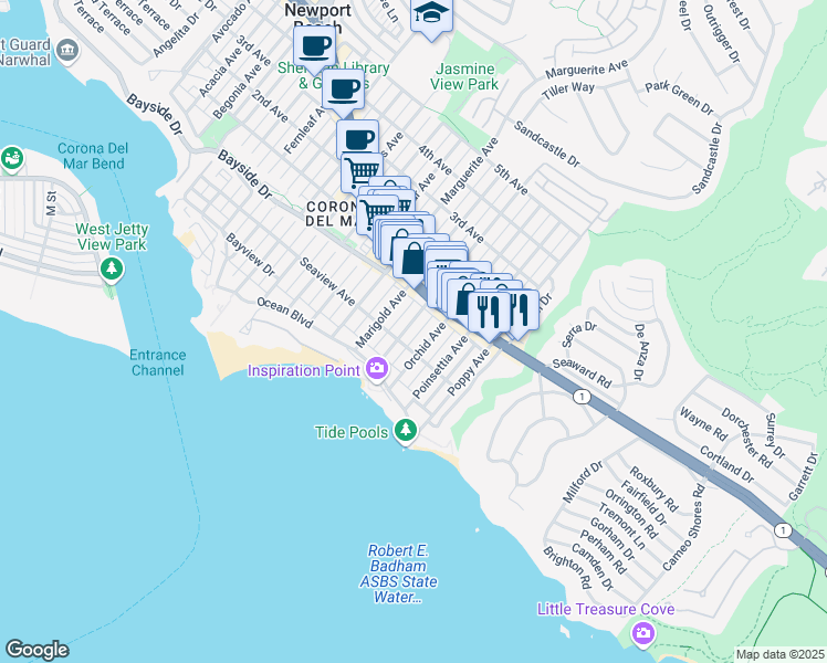 map of restaurants, bars, coffee shops, grocery stores, and more near 310 Narcissus Avenue in Newport Beach