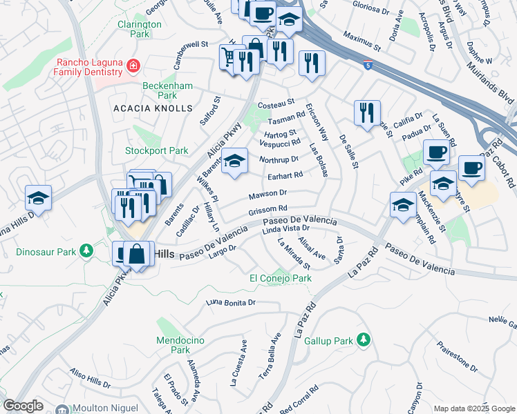 map of restaurants, bars, coffee shops, grocery stores, and more near 25111 Grissom Road in Laguna Hills