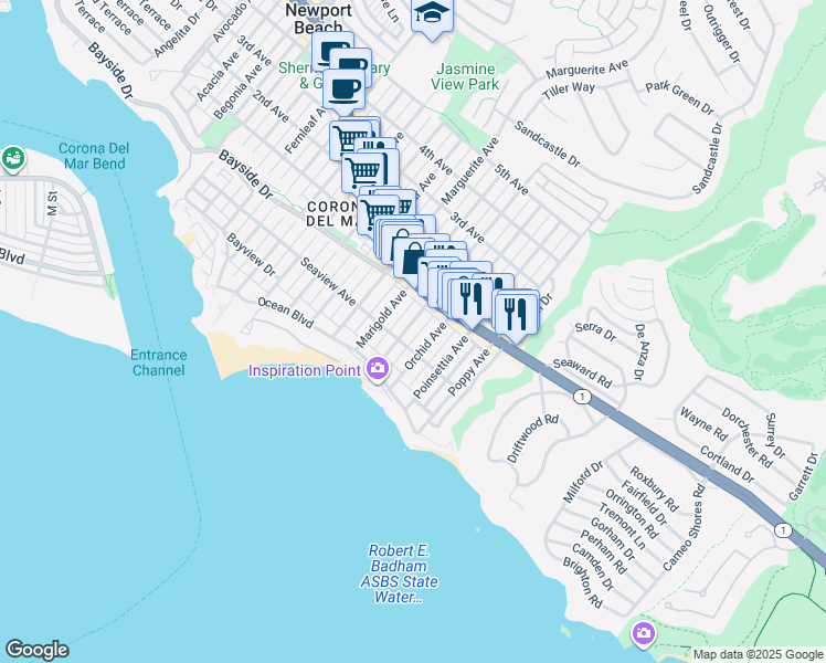 map of restaurants, bars, coffee shops, grocery stores, and more near 310 Narcissus Avenue in Newport Beach