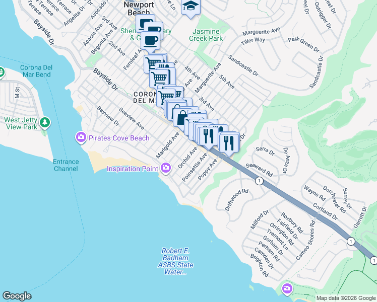 map of restaurants, bars, coffee shops, grocery stores, and more near 312 Narcissus Avenue in Newport Beach