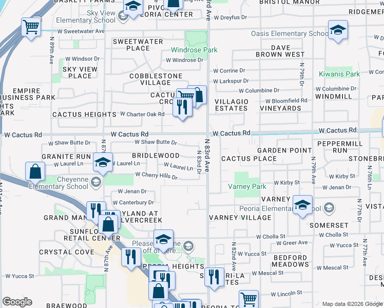 map of restaurants, bars, coffee shops, grocery stores, and more near 8350 W Paradise Dr in Peoria