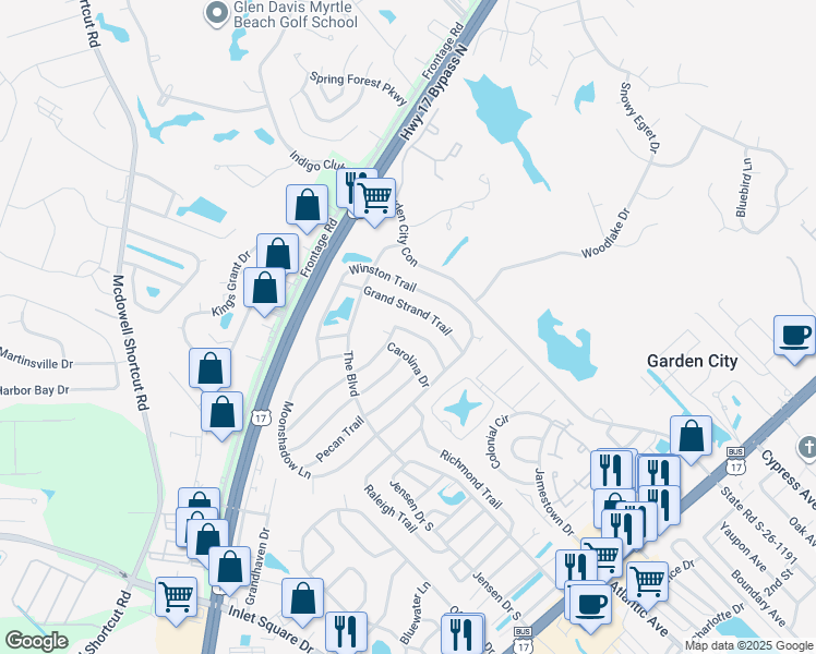 map of restaurants, bars, coffee shops, grocery stores, and more near 858 Blue Ridge Trail in Murrells Inlet