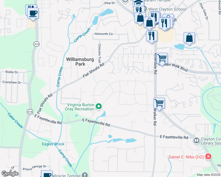 map of restaurants, bars, coffee shops, grocery stores, and more near 1385 Cedar Creek Lane in Riverdale