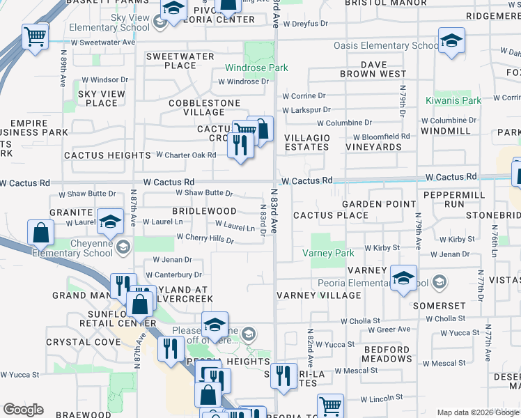 map of restaurants, bars, coffee shops, grocery stores, and more near 8350 West Paradise Drive in Peoria