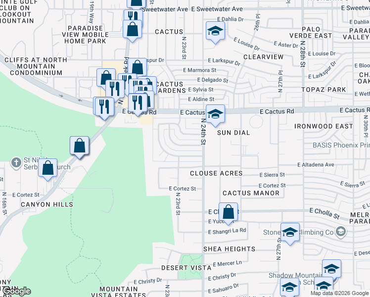 map of restaurants, bars, coffee shops, grocery stores, and more near 2313 East Laurel Lane in Phoenix