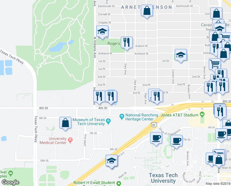 map of restaurants, bars, coffee shops, grocery stores, and more near 3114 4th Street in Lubbock