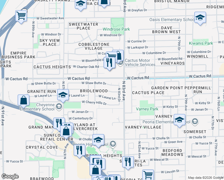 map of restaurants, bars, coffee shops, grocery stores, and more near 8350 West Paradise Drive in Peoria