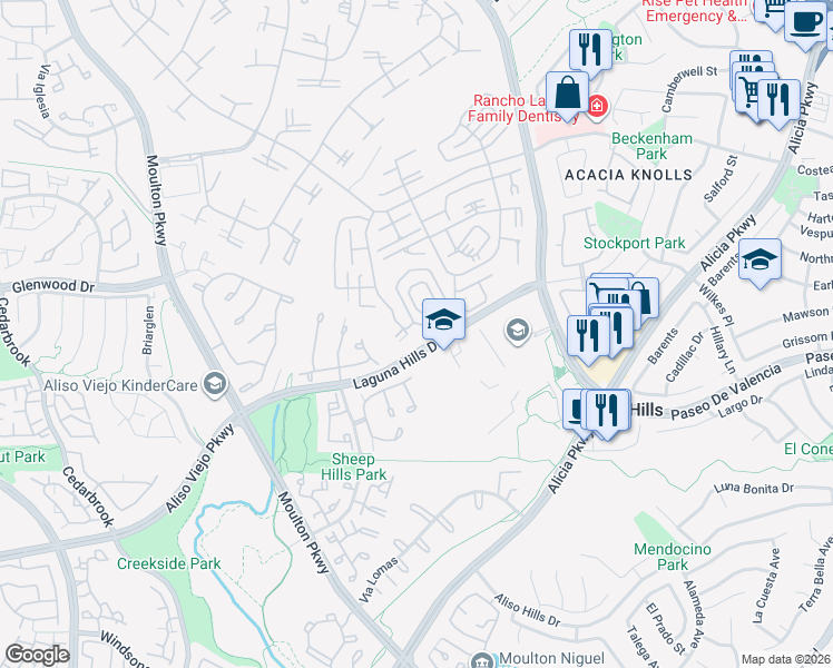 map of restaurants, bars, coffee shops, grocery stores, and more near 834 Ronda Mendoza in Laguna Woods