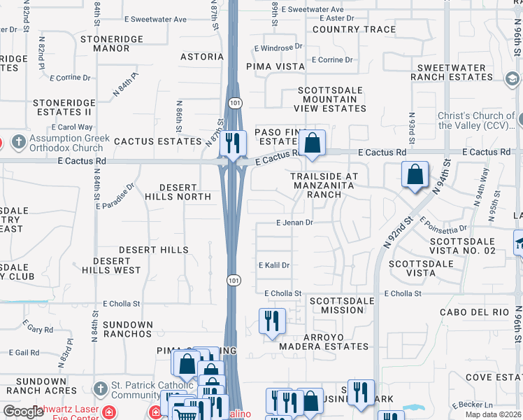 map of restaurants, bars, coffee shops, grocery stores, and more near 8840 East Riviera Drive in Scottsdale