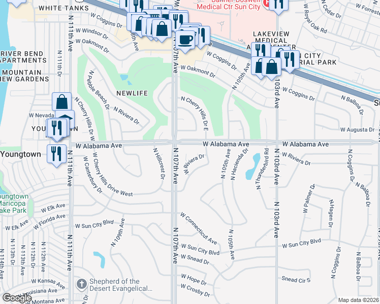 map of restaurants, bars, coffee shops, grocery stores, and more near 12029 North Riviera Court in Sun City