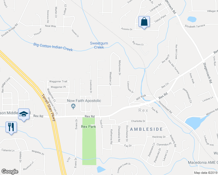 map of restaurants, bars, coffee shops, grocery stores, and more near 3573 Clearview Drive in Rex