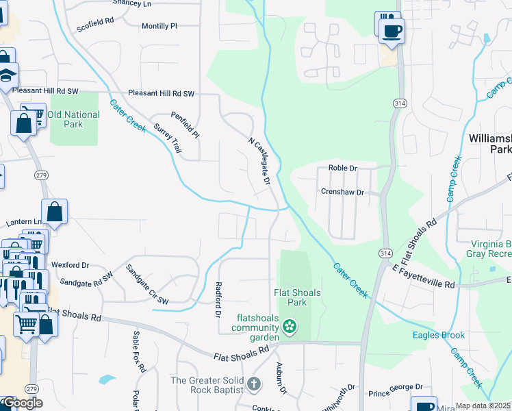map of restaurants, bars, coffee shops, grocery stores, and more near 5899 Sheldon Court in Atlanta