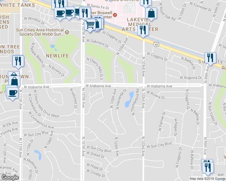 map of restaurants, bars, coffee shops, grocery stores, and more near 12032 North 105th Avenue in Sun City
