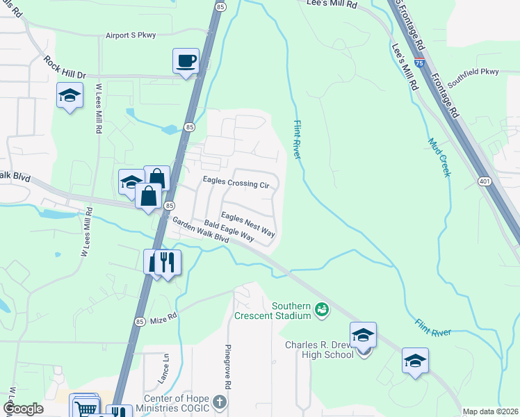 map of restaurants, bars, coffee shops, grocery stores, and more near 377 Eagles Flight Lane in Riverdale