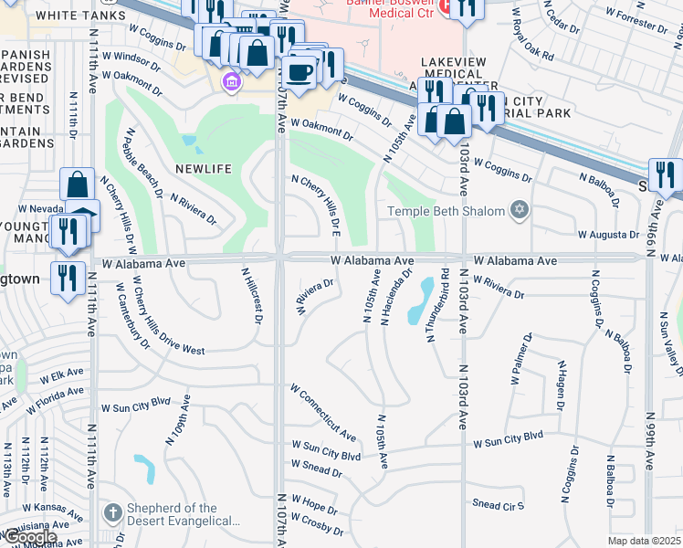 map of restaurants, bars, coffee shops, grocery stores, and more near 12045 North Cherry Hills Drive East in Sun City