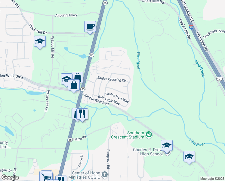 map of restaurants, bars, coffee shops, grocery stores, and more near 416 Eagles Flight Lane in Riverdale