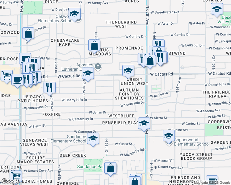 map of restaurants, bars, coffee shops, grocery stores, and more near 11931 North 69th Avenue in Peoria