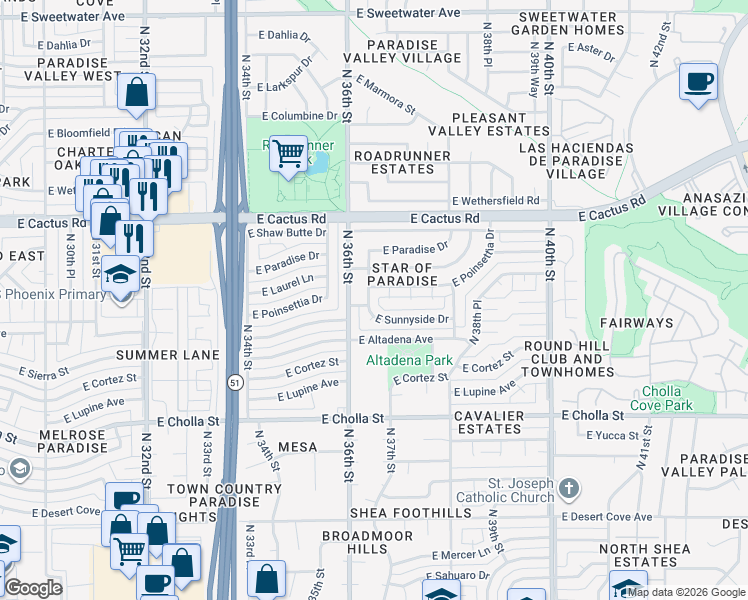 map of restaurants, bars, coffee shops, grocery stores, and more near 11801 North 36th Place in Phoenix