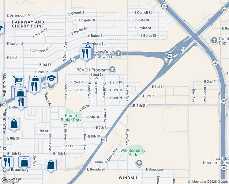 map of restaurants, bars, coffee shops, grocery stores, and more near 3010 East 3rd Street in Lubbock