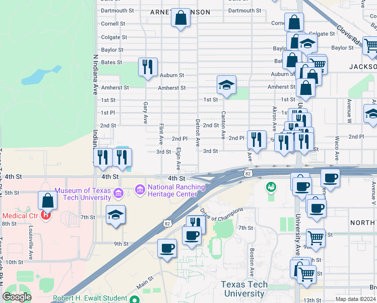 map of restaurants, bars, coffee shops, grocery stores, and more near 2902 3rd Place in Lubbock