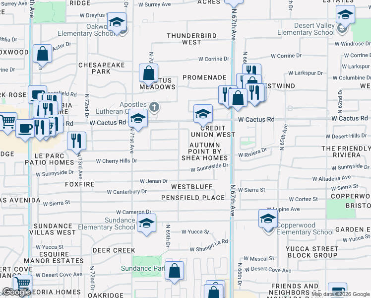 map of restaurants, bars, coffee shops, grocery stores, and more near 11931 North 69th Avenue in Peoria